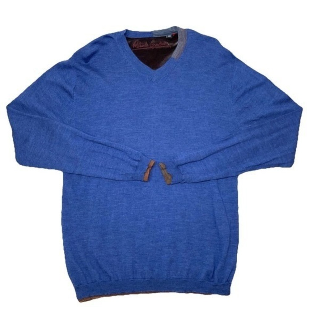 Robert Graham Sweater Mens M Blue V-Neck Long Sleeve Wool Knit Pullover Preppy